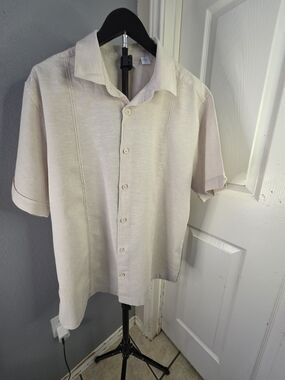 Café Luna Men's Linen Blend Guayabera Shirt Large Tan Beige Short Sleeve Resort